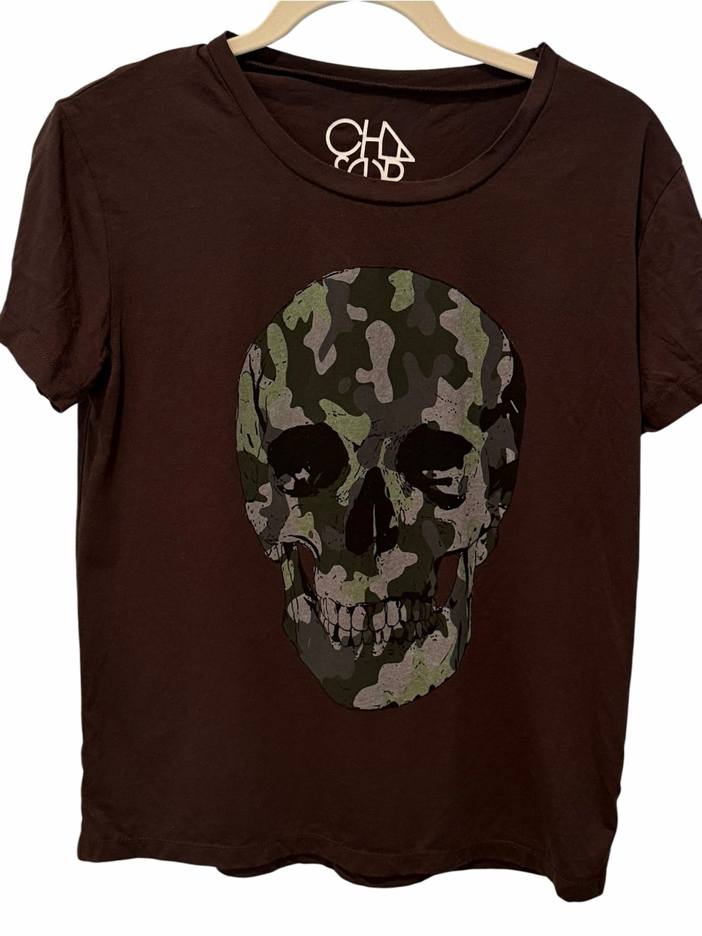 Chaser Camo Skull Graphic Tee Brown Short Sleeve T-Shirt Small NWT